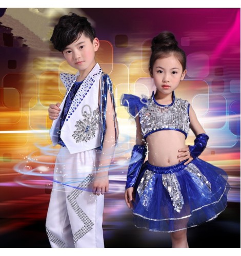 White and royal blue patchwork boys girls kids children modern dance school t play jazz hip hop stage performance singer dj ds cos play dance costumes outfits dresses